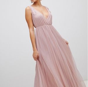 Pleated Tulle Maxi Dress with Applique Lace Trim